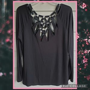 Buckle Black Strappy Bondage Structure Nu Goth Long Sleeve Scoop Neck Sexy Top